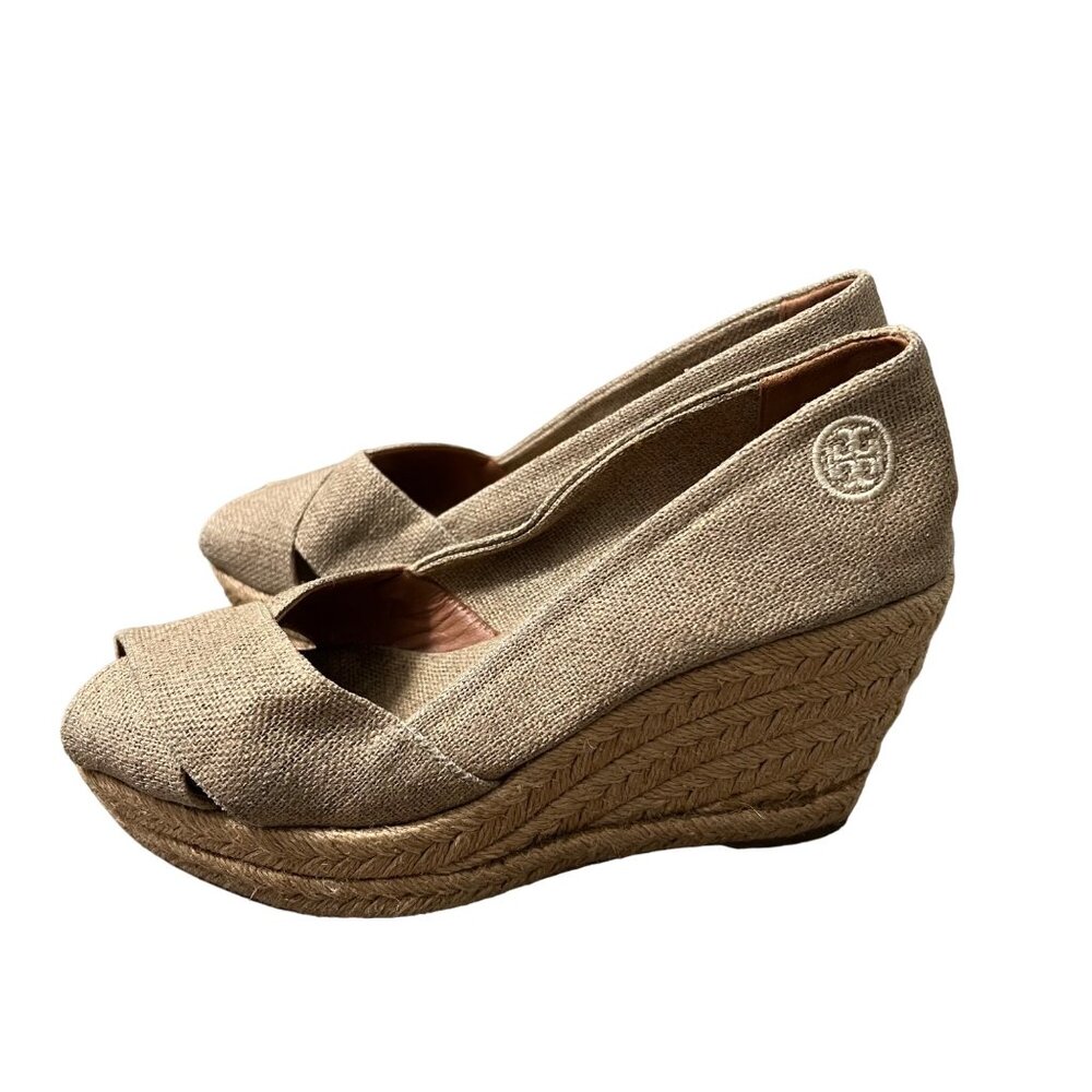 Tory Burch Tan Canvas Filipa Peep Toe Wedge Espadrille Womens Size 5.5